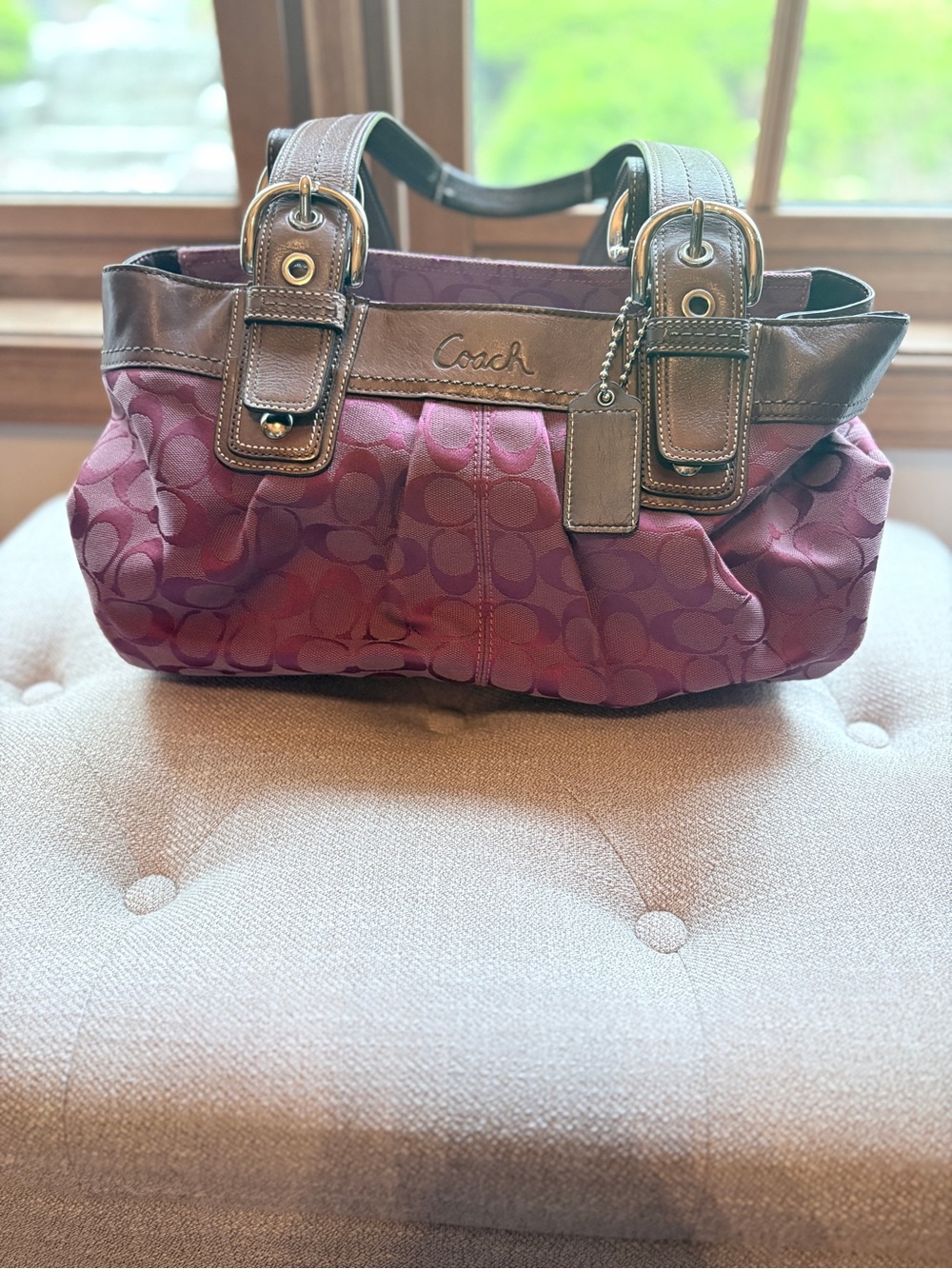 Coach Plum and Brown Signature Canvas Shoulder Bag